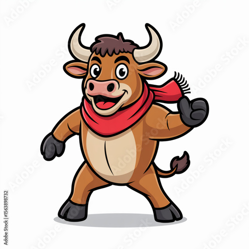 Playful Bull Mascot with Expressive Face and Winter Scarf