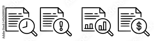 Document analysis icons with magnifying glass time