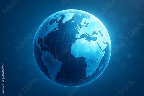 Glowing blue earth globe with continents and gridlines on dark background