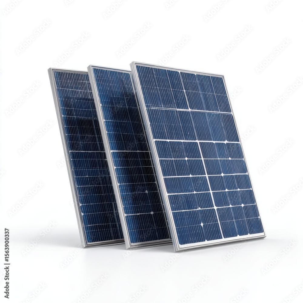 Three blue solar panels arranged on a white background Three blue solar panels arranged on a white background