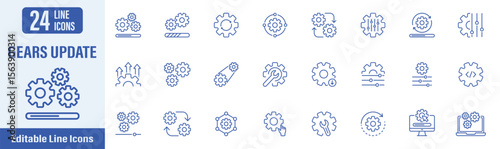 Gears Update icon set. Contains icons as update, gears, control, tool, system, configuration, setting, option and more. Vector illustration.