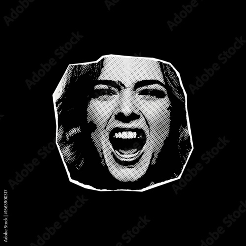 A distressed woman with her mouth open screams in a distorted portrait