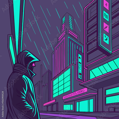 Cyberpunk city street with hooded figure night rain