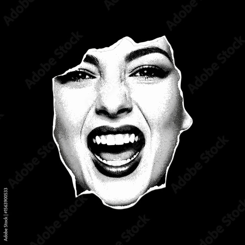 A distressed womans face screams out in anguish against a black background