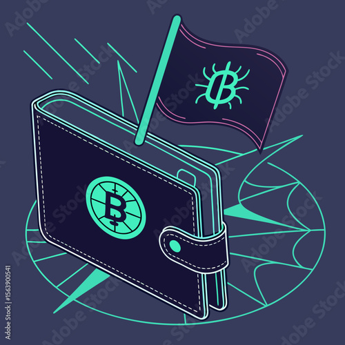 Dark blue wallet with bitcoin flag and abstract lines bitcoin wallet teal