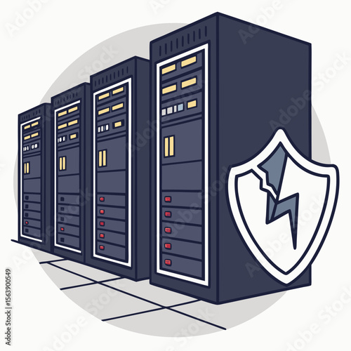 Dark server racks with broken shield symbol computer technology
