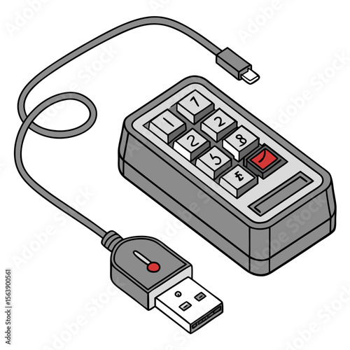 Gray hardware device with numeric keypad and usb connector vector