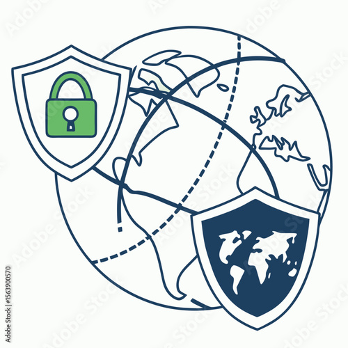 Globe security shields with padlock and world map vector