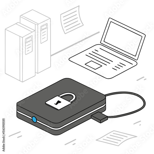 Gray external hard drive with padlock and laptop data transfer security
