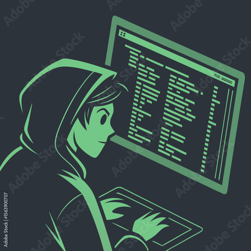 Hooded figure coding on glowing green computer screen hacker programming