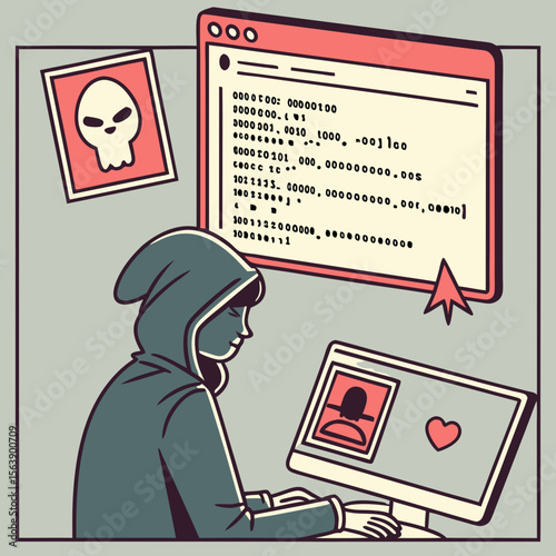 Hooded figure hacking computer code with skull icon and heart symbol hacker