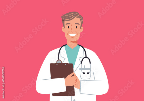 A cartoon doctor smiles wearing a white coat and stethoscope holding a clipboard against a bright pink background