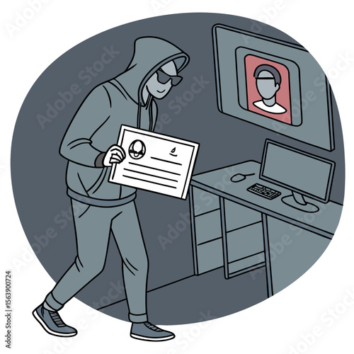 Hooded figure with fake identification card and computer hacker sunglasses