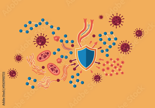 A blue shield is surrounded by red viruses and blue molecules against a golden yellow backdrop