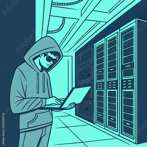 Hooded figure with laptop in server room hacker person