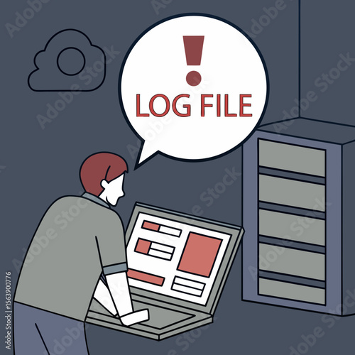 Man analyzing computer log file with alert laptop server