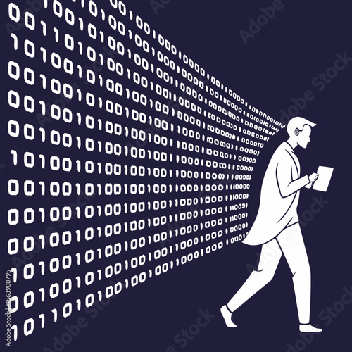 Man walking through digital data stream binary code technology
