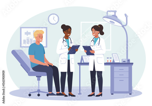 A doctors office scene with a patient and two doctors holding clipboards