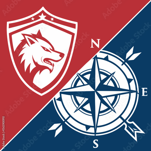 Red wolf shield blue compass white