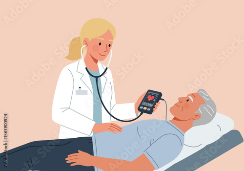 A doctor with a stethoscope uses a smartphone device on a patient lying on a medical bed