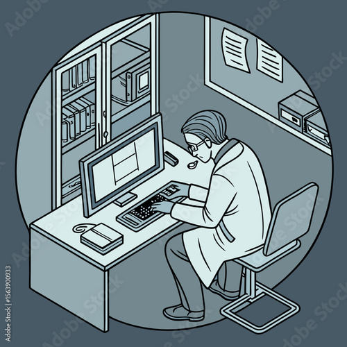 Scientist analyzing data on computer in laboratory desk keyboard