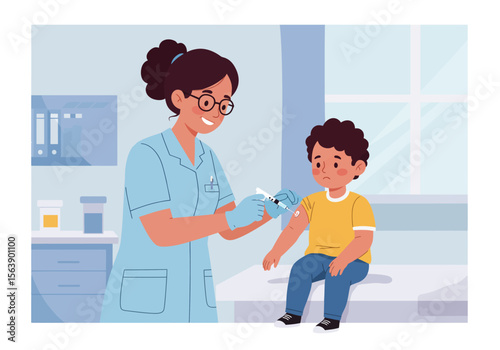 A nurse gives a vaccination to a worried young boy in a doctors office