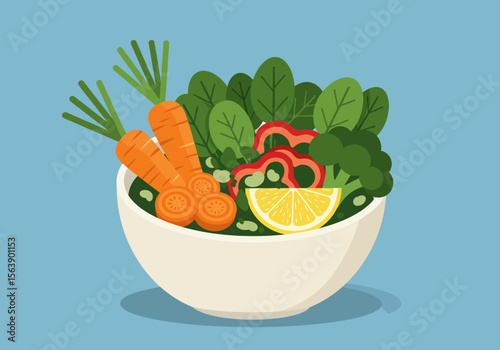 A salad bowl bursting with vibrant greens carrots red pepper broccoli and a lemon wedge
