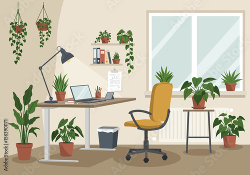 A plantfilled workspace with a desk chair laptop  shelves by a window Plants hang  sit on surfaces