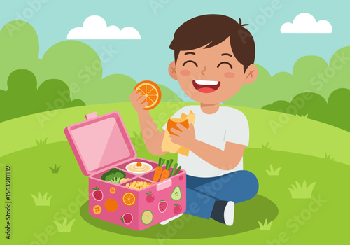 A smiling boy sits in a grassy field with a colorful lunchbox holding an orange slice
