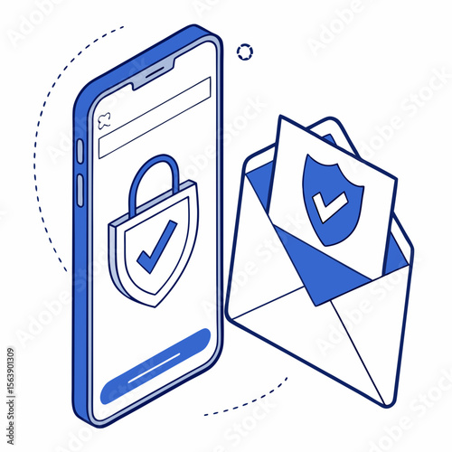Blue smartphone with verified email icon and envelope verified sender security