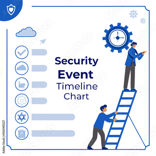 Blue security event timeline chart with icons and people vector