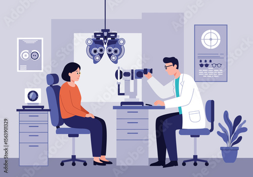 An eye doctor examines a patient using a slit lamp in an office setting