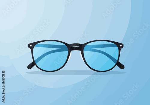Blackrimmed glasses with blue lenses centered on a soft blue textured background
