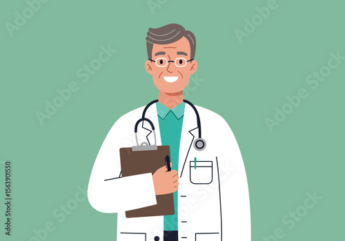 Doctor in lab coat holding clipboard wearing glasses and stethoscope against a solid green background