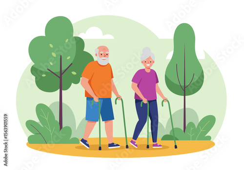 Elderly couple walking with canes in a parklike setting