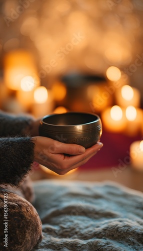 Close-up of hands holding Tibetan singing bowl in midair
