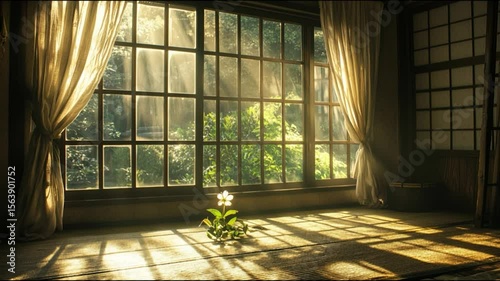 Serene Room with Sunlight: A tranquil room is illuminated by sunlight streaming through a large window, showcasing a tranquil scene with delicate curtains and a touch of nature.