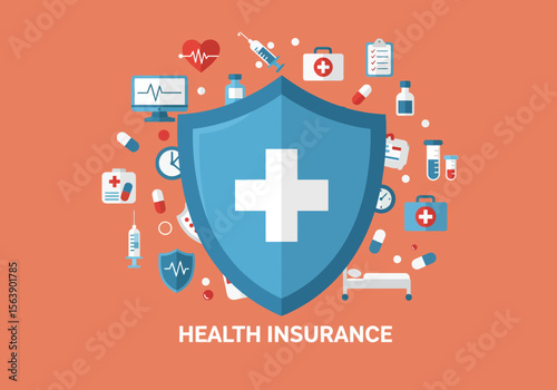 Health Insurance text a blue shield emblem with medical icons on a coral backdrop