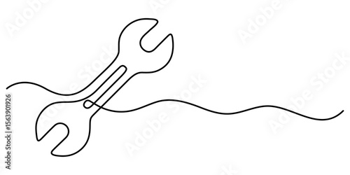 wrench icon continuous one line drawing, Adjustable wrench continuous single line drawing vector illustration, Continuous line drawing of wrench. Single line drawing of a wrench. Line art wrench. 