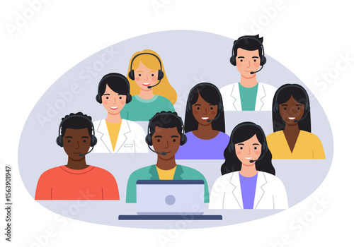 Illustration diverse group with headsets one laptop neutral backdrop