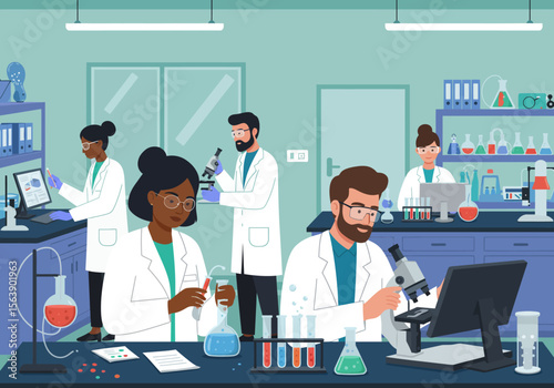 Lab scene five scientists in white coats with equipment tubes  computer screens