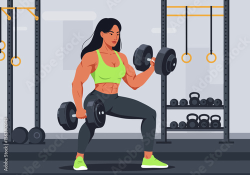 Muscular woman in gym lifting dumbbells surrounded by fitness equipment