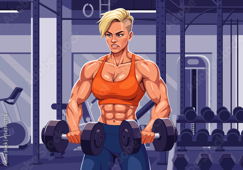 Muscular woman lifts dumbbells in a gym with exercise equipment and weights