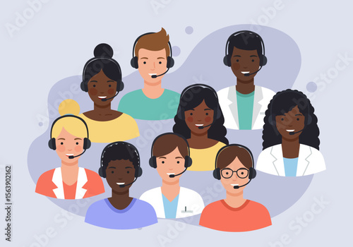Nine diverse individuals wear headsets likely call center employees