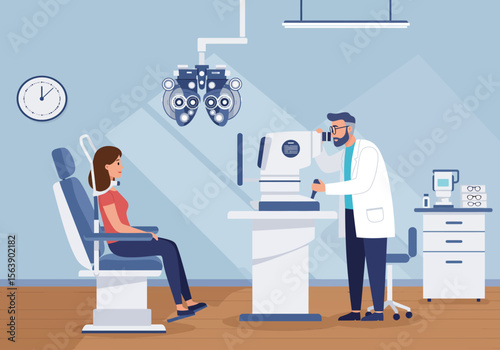 Optometrist examining a patients eyes with specialized equipment in a modern light blue office