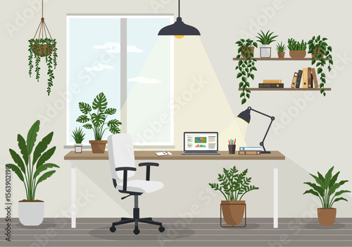Office space with a laptop desk chair plants and window