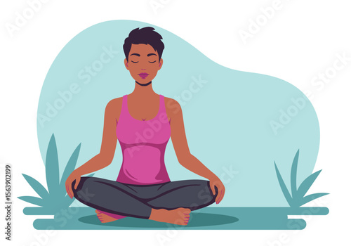 Person meditating in lotus position against a light blue backdrop with stylized plants