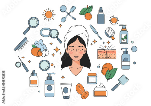 Skincare product assortment surrounding a woman with a towel wrapped around her head
