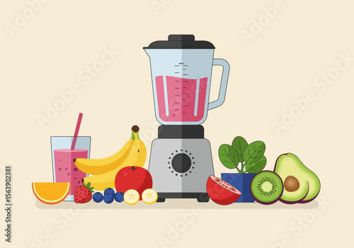 Smoothiemaking scene blender fruits glass of smoothie on a beige background