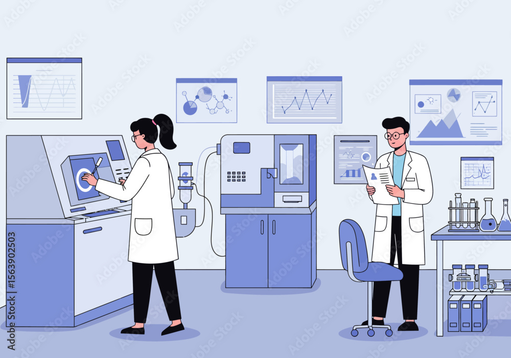 Two scientists in a lab one operates equipment another studies papers Two scientists in a lab one operates equipment another studies papers
